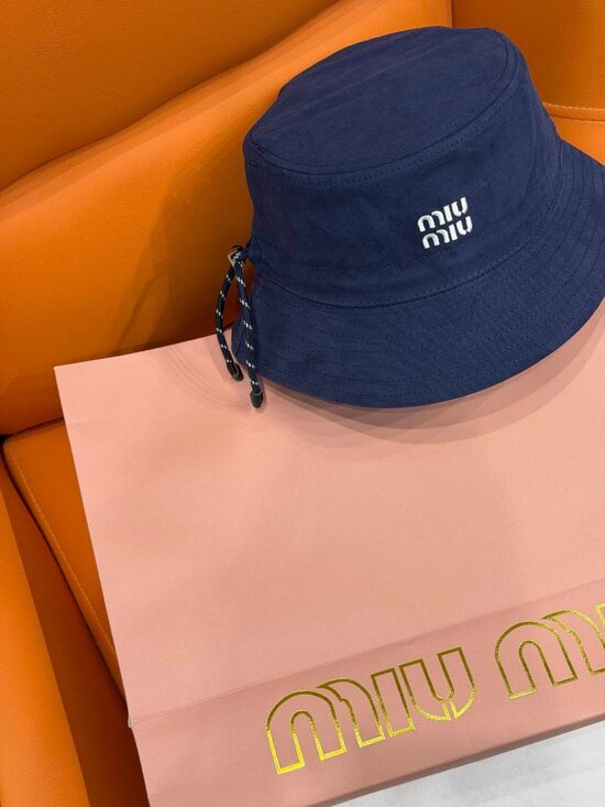 Miu Miu Navy Blue Logo Embroidered Bucket Hat with Drawstring main image 6